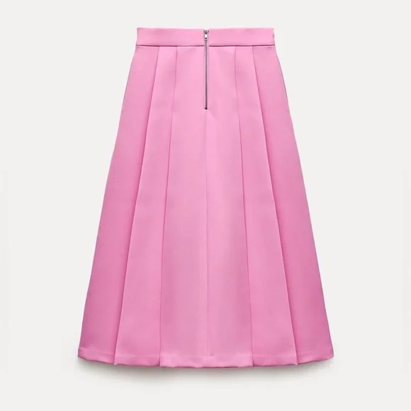 ZARA Rare Pink Wide Pleat Cape Midi Skirt w/ Zipper Closure Size Small Pink NEW